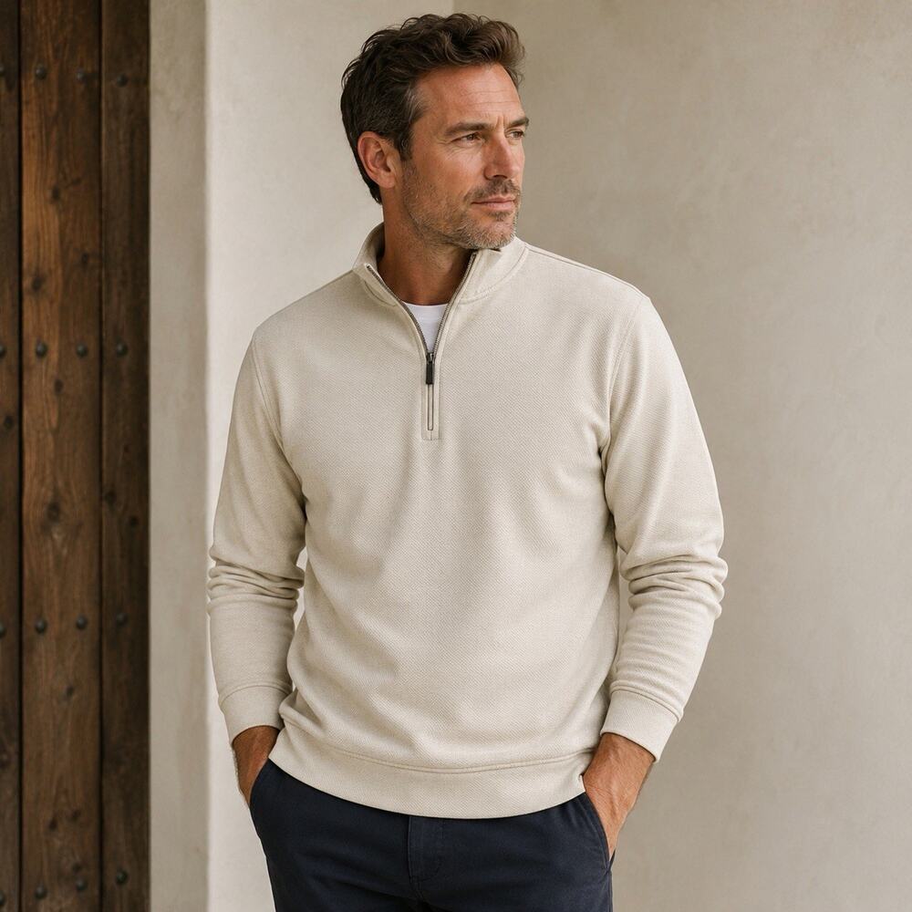Tasso Elba Men’s XL Quarter Zip Pullover Sweater Cream Textured Mock Neck Golf